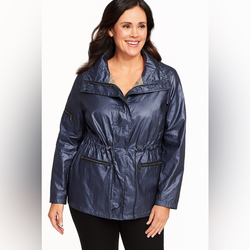 G.I.L.I. Women’s Waxed Cotton Button Zip Up Jacket Navy Blue Size 14 Rack 1